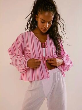 Free People Brunch Babe Blouse - Pink Striped - Size M NWT $128